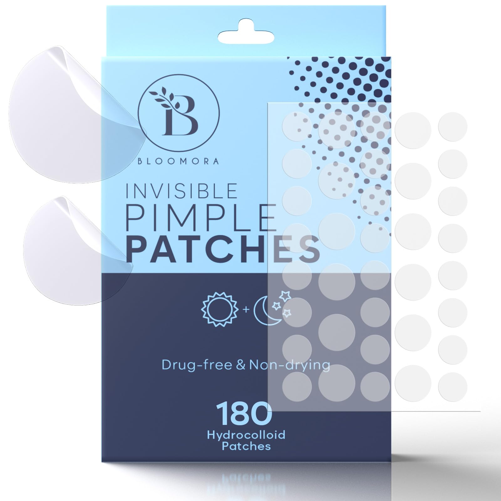 BLOOMORA Invisible Pimple Patches (180 Count), Spot Patches for Acne Treatment, Hydrocolloid Patches for Blemishes, Pimple Patch for Face Care & Body, Acne Patch Spot Remover (S/L)