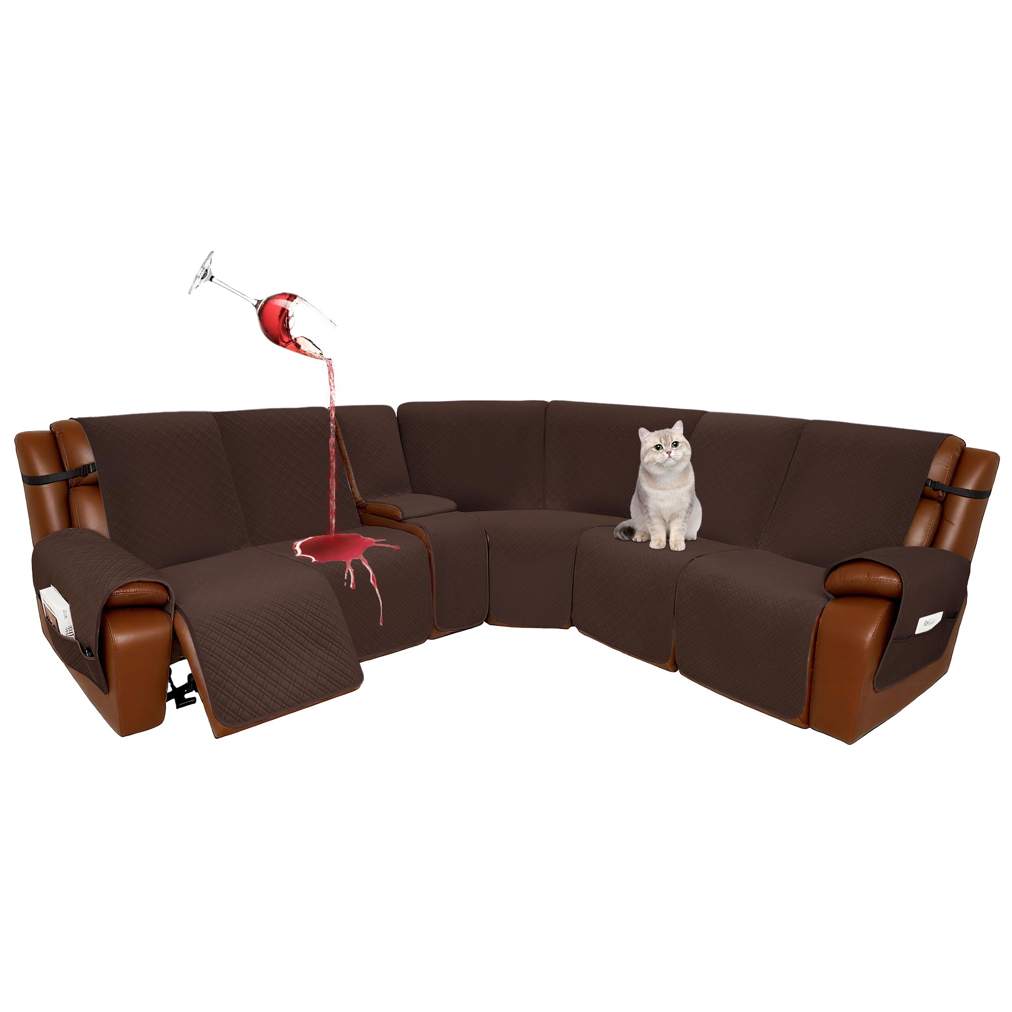 Photo 1 of YUEVELLA Velvet 1OO% Waterproof Reclining Sectional Couch Covers for Sectional Sofa L Shape 8-Piece Quilted Corner Recliner Sofa Cover Slipcovers Set Washable (5 Seater with 1 Console, Dark Brown)