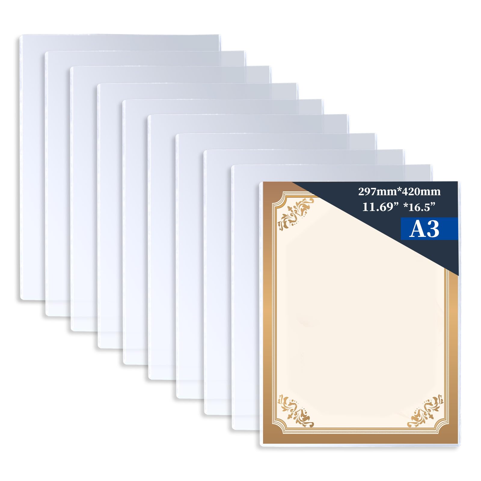 Photo 1 of 10 Pieces 11.6" x 16.5" A3 Sized Rigid Print Protectors, Clear Hard Plastic Sheet Protectors, Top Loading Plastic Paper Sleeves Cover for Photo Posters Birth Certificates Menu Document Holder (10pcs)