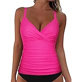 Hilor Women's Underwire Tankini Top Ruched Tummy Control Bathing Suit Tops Push Up Top Swimsuit Front Twist Swim Top Only