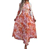 Evzeiem Women's Maxi Dress 2026 Spring Long Sleeve Crewneck Mesh Floral Dress Drop Waist Party Wedding Guest Dresses