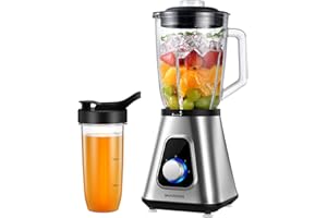 SHARDOR 1200W Blender for Smoothies, Countertop Blender Combo, 52oz Glass Jar, 22oz Travel Cup, 3 Adjustable Speed for Frozen