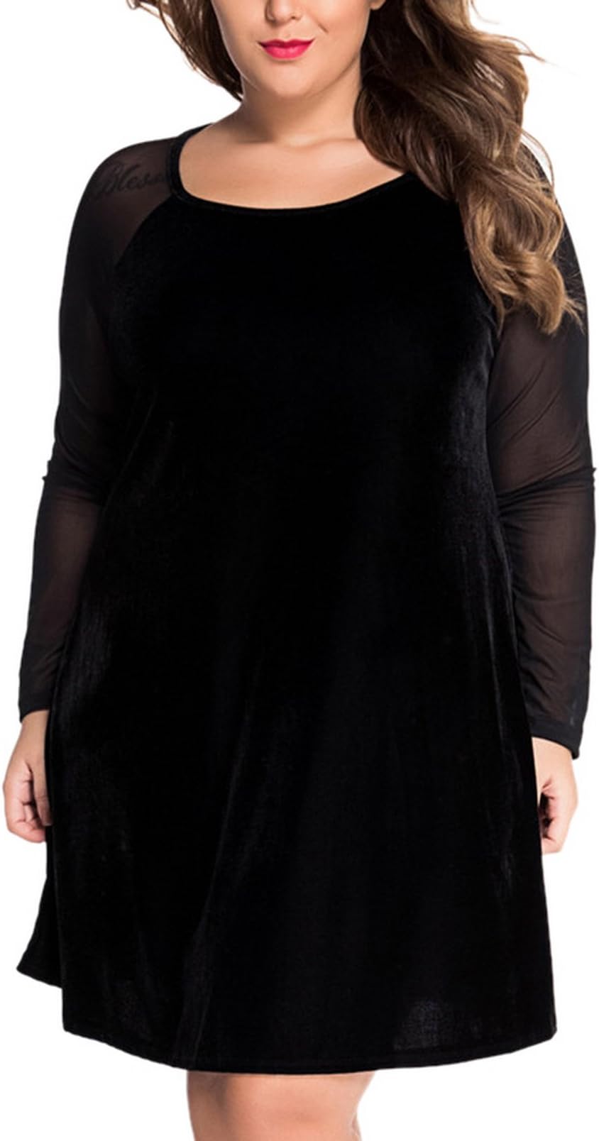 Allbebe Women's Plus Size Mesh Long Sleeve Velvet Dress