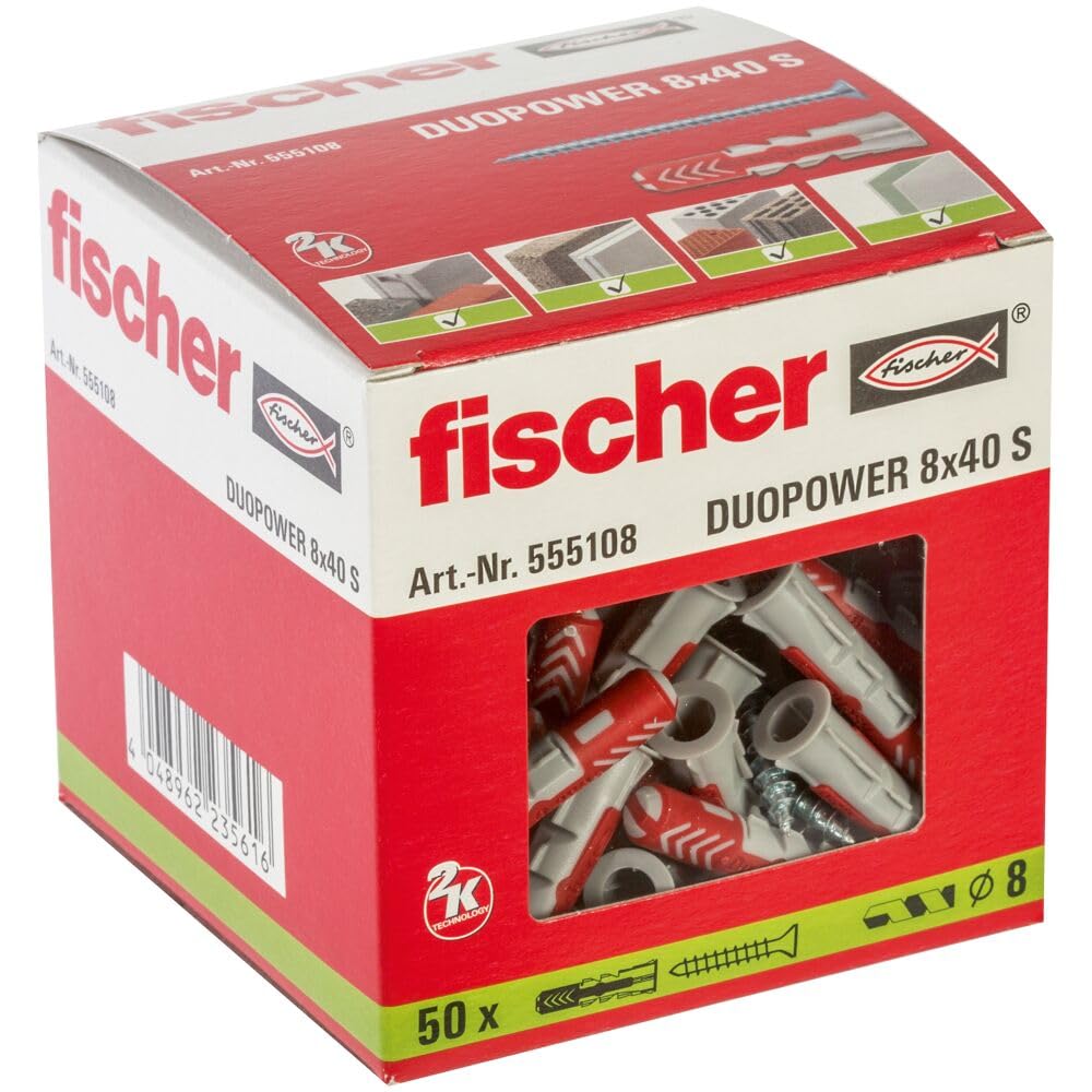 fischer 555108 DUOPOWER Wall Plugs with Screws, Red/Gray, 8x40-50 Pieces