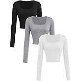 SOLY HUX Girl's 3 Piece Long Sleeve T Shirts Square Neck Basic Slim Fitted Tees Crop Tops Black Grey White 14Y