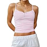 Cioatin Women Cute Sleeveless Striped Print Button Up Crop Cami Y2K Spaghetti Straps Backless Tank Shirt Going Out Tops
