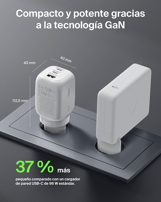 Cargador USB-C, 3 Puertos, Cargador GAN de 100 W, 2 USB-C y 1 USB-A, Enchufe EU, UK, USA, Carga Rápida para MacBook, iPhone, iPad Pro, Samsung Galaxy, Google Pixel, etc - Blanco