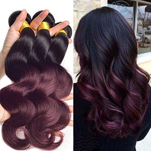 Black Rose Brazilian Vigin Ombre Hair 4 Bundles Body Wave Black to Burgundy 2 tone Hair Weaves 7A Grade Unprocessed 100% Human Hair Full Bundles 1b/99j Hair Weaving (Pack of 4,10 10 12 12)