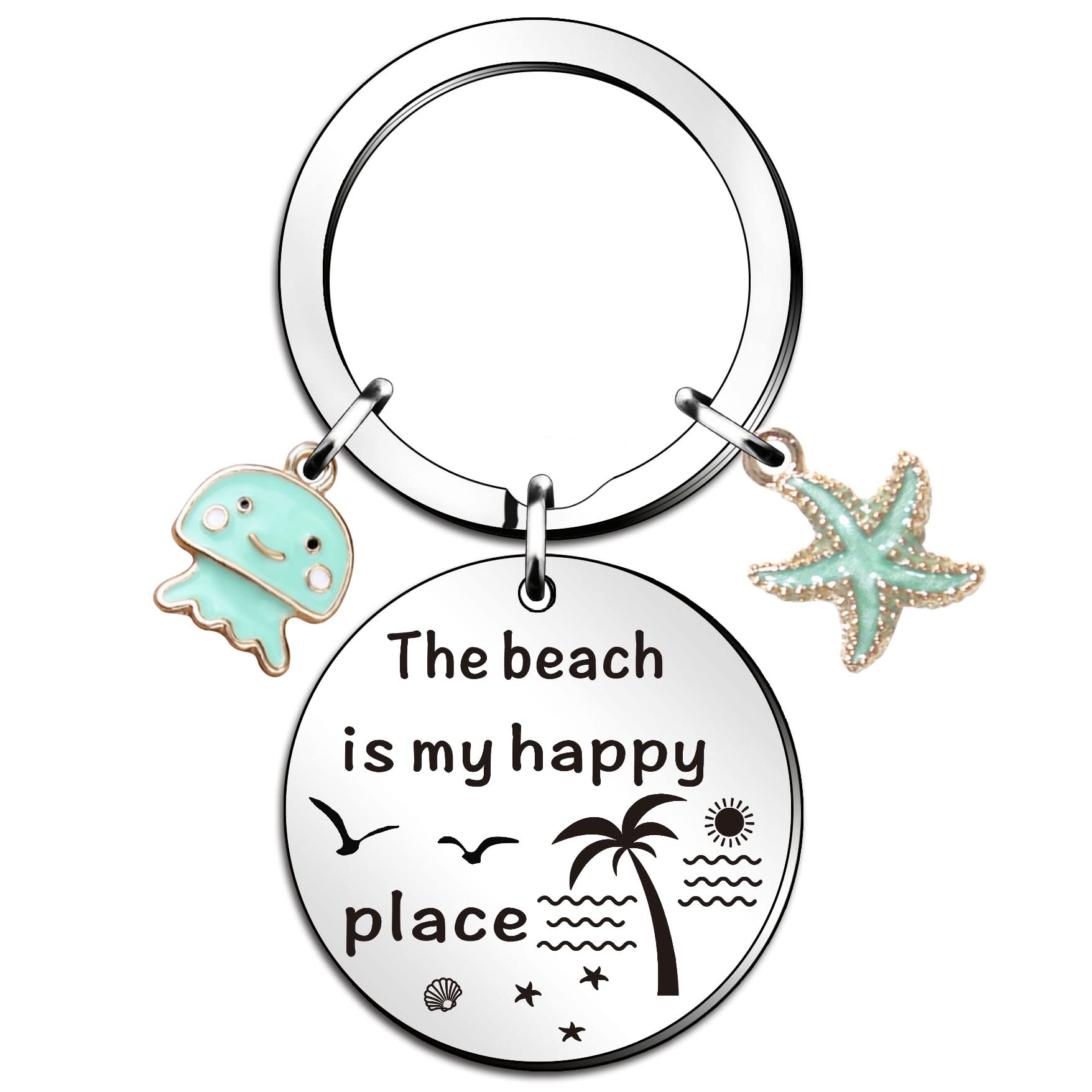 WTOPP Beach Lover Gift Keyring Beach Jewelry The Beach is My Happy Place Keyring Stainless Steel Key Chain Birthday Christmas Graduation Gift for Women Girl Teens Beach Lover