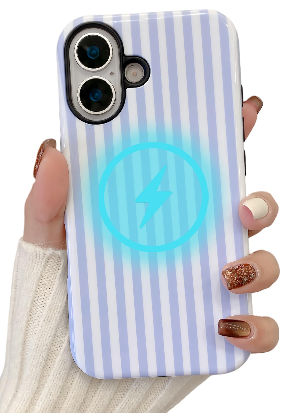 AROJAK for iPhone 16 Case [Compatible with Magsafe] Striped Phone Case Dual-Layer Protective Shockproof Magnetic Cover for Women Girls - Light Blue