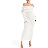Saodimallsu Womens Off Shoulder Summer Maxi Dress Bell Long Sleeve Sexy Bodycon Strapless Sheer Beach Swimsuit Coverup