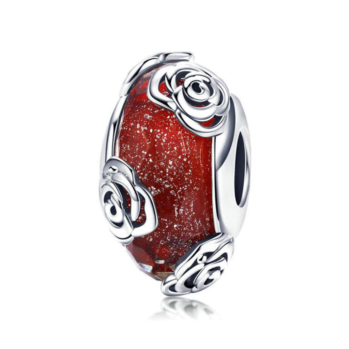 Murano Glass Bead Sterling Silver Core Charms For Pandora Charm Bracelets (Red Rose Charm)