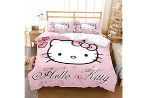 MKNAZ Cute Soft Duvet Cover Sets,3 Piece Cartoon Hallo Cat Bedding Set,Kawaii Anime Kitty Cat Decor Bedroom Gift with1 Duvet Cover and 2 Pillowcases for Kid and Girl… (Pink, Twin)