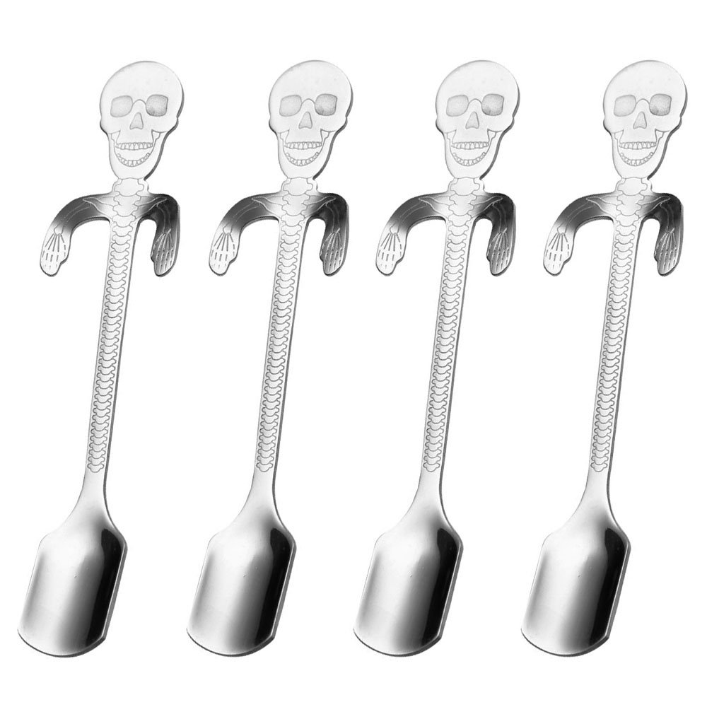RYVORBE Skull Spoons Mini Coffee Spoon Set Stainless Steel Hanging Demitasse Spoons Novelty Small Spoons (5 Inches, Set of 4)