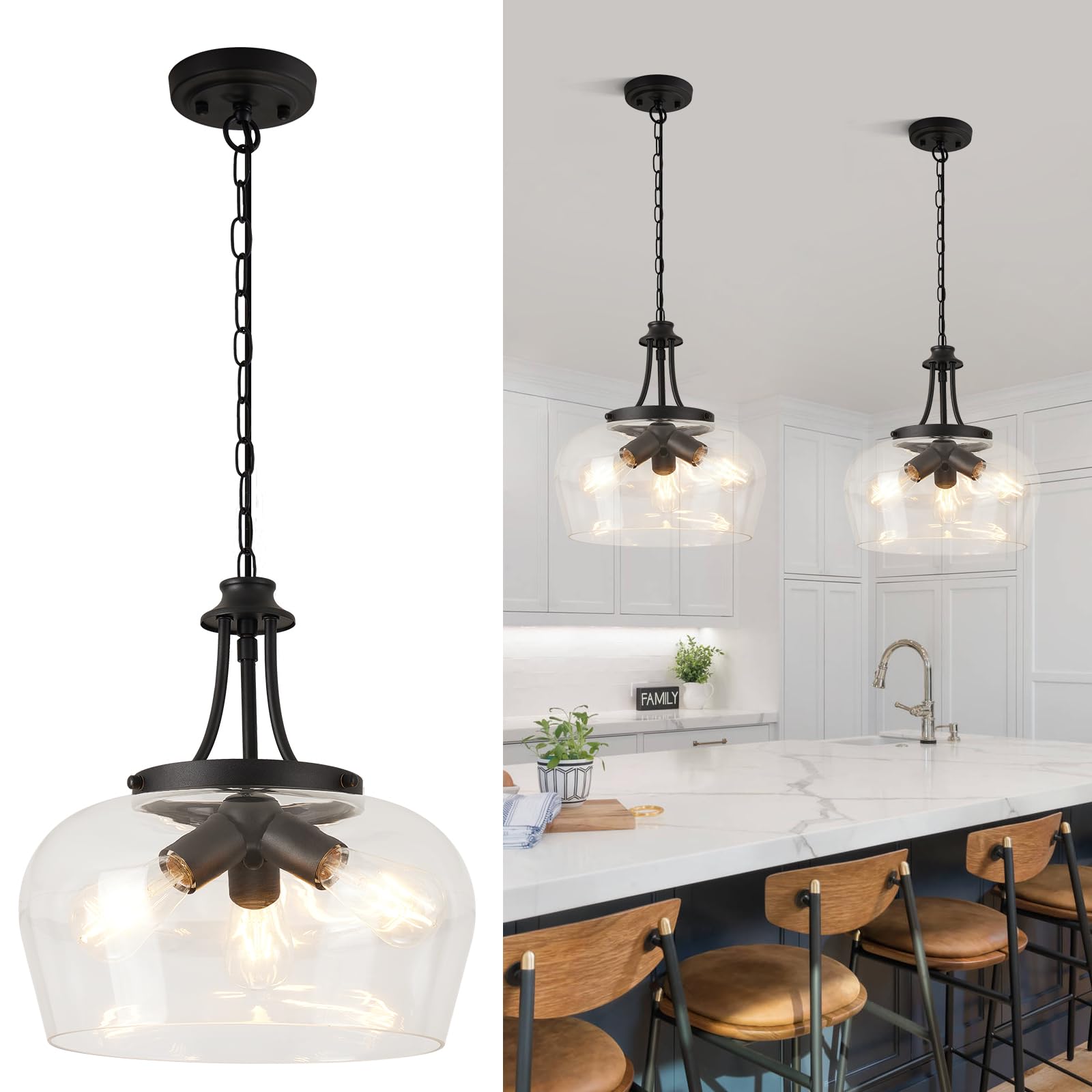 Photo 1 of 14.2" Modern Pendant Lights Kitchen Island, 3-Light Matte Black Pendant Light Fixtures with Clear Glass Shade, Industrial Hanging Pendant Lights Fixture for Kitchen Island Dining Room Bedroom Entryway