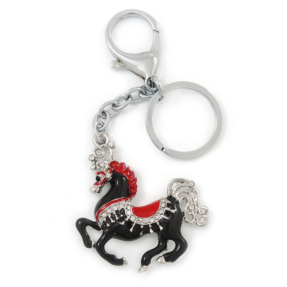 Avalaya Rhodium Plated Black, Red Enamel, Crystal Horse Keyring/Bag Charm -10cm Length