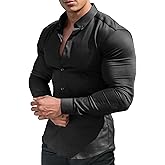 URRU Men's Muscle Dress Shirts Slim Fit Stretch Long&Short Sleeve Casual Button Down Shirt