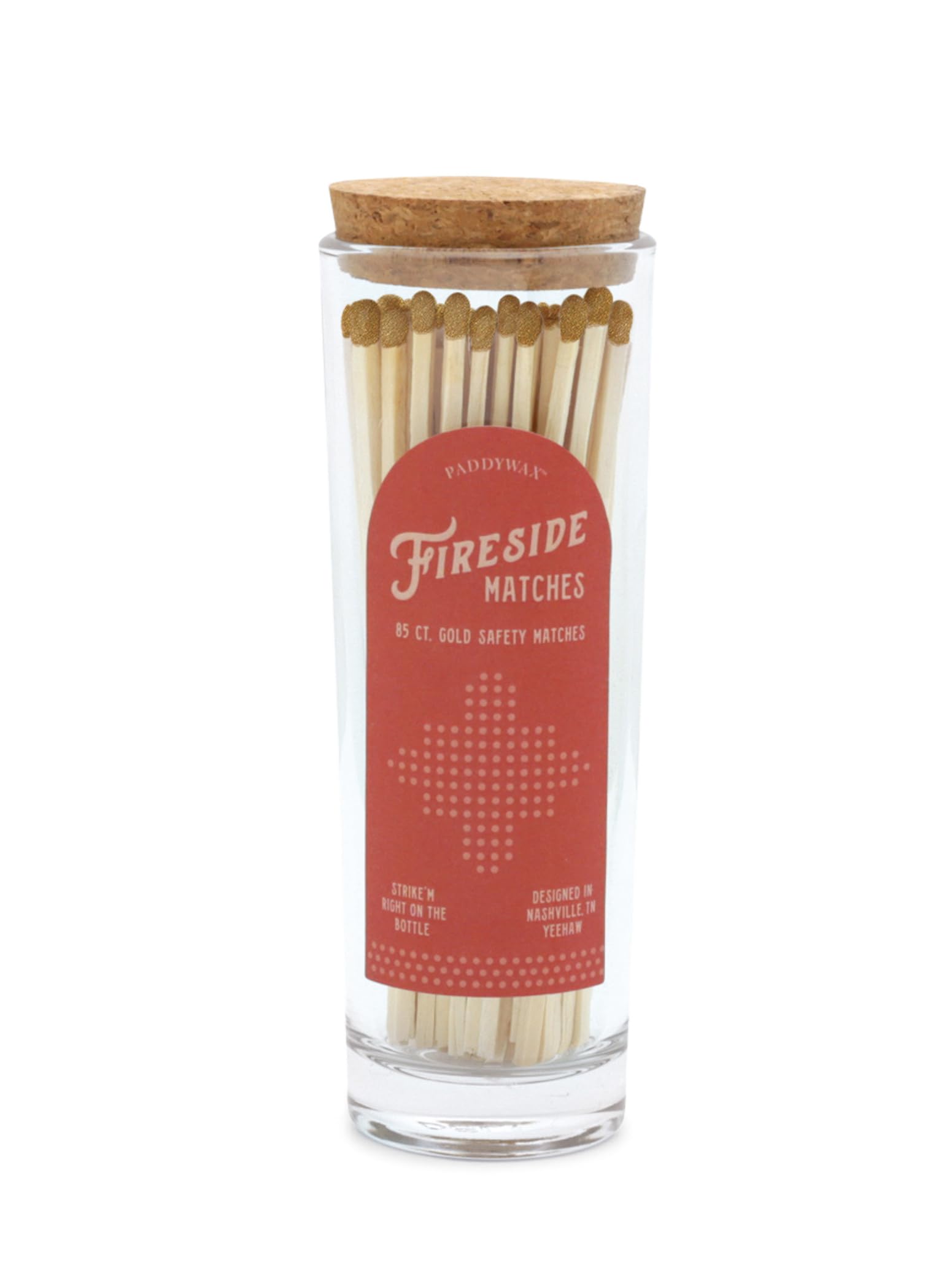 Paddywax Glass Jar Match Holder with Striker with 85 Fireplace Fireside Safety Matches, Matte Gold Tip
