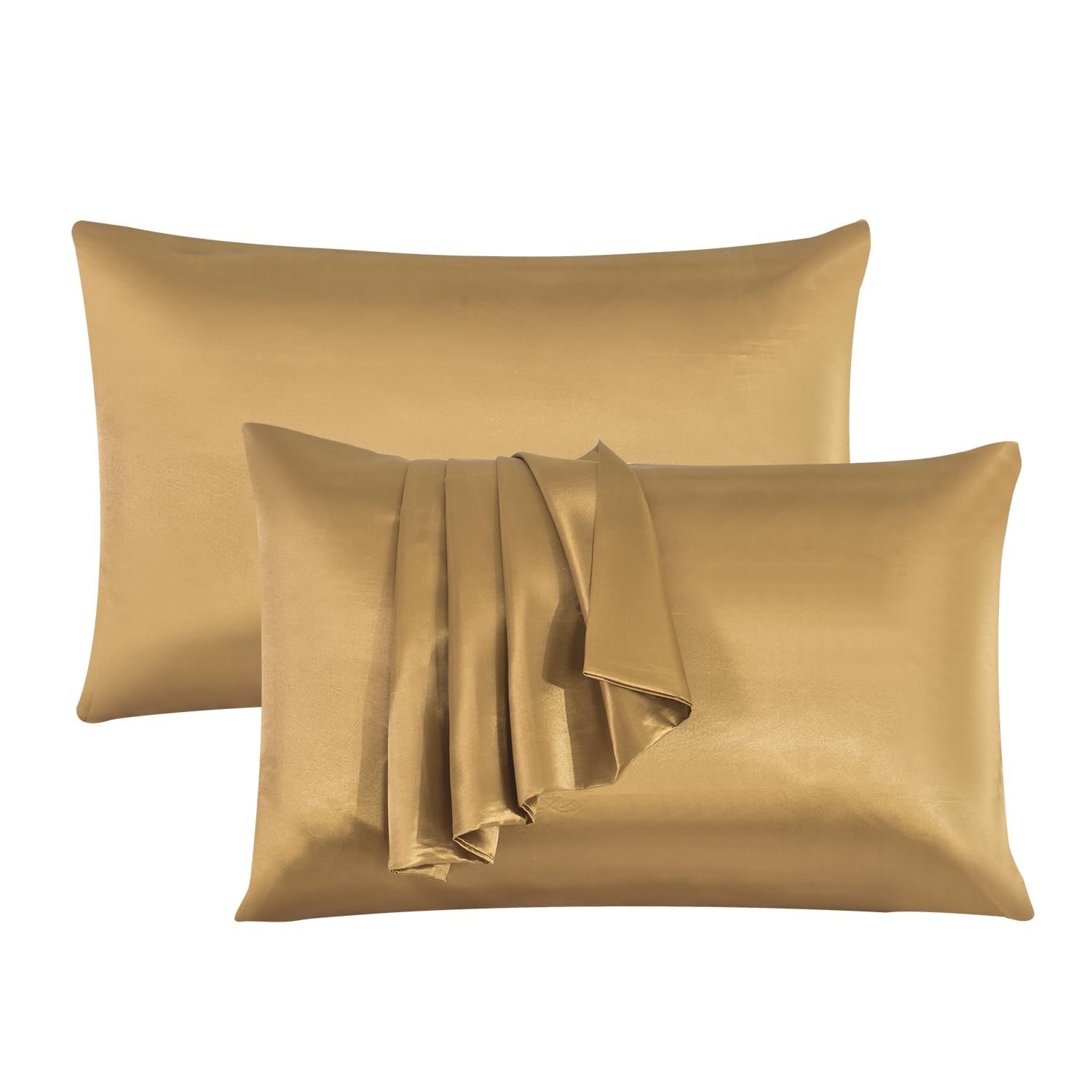 ROOEE Satin Silk Pillowcases for Hair and Skin 2 Pack Standard Size 50x75cm Envelope Closure Pillow Case (DULL GOLD)