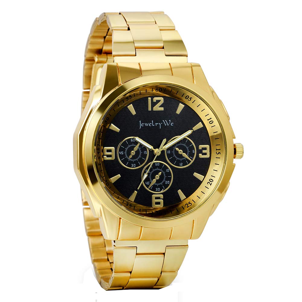 JewelryWe Men Gold Tone Stainless Steel Quartz Wrist Watch,Black Dial