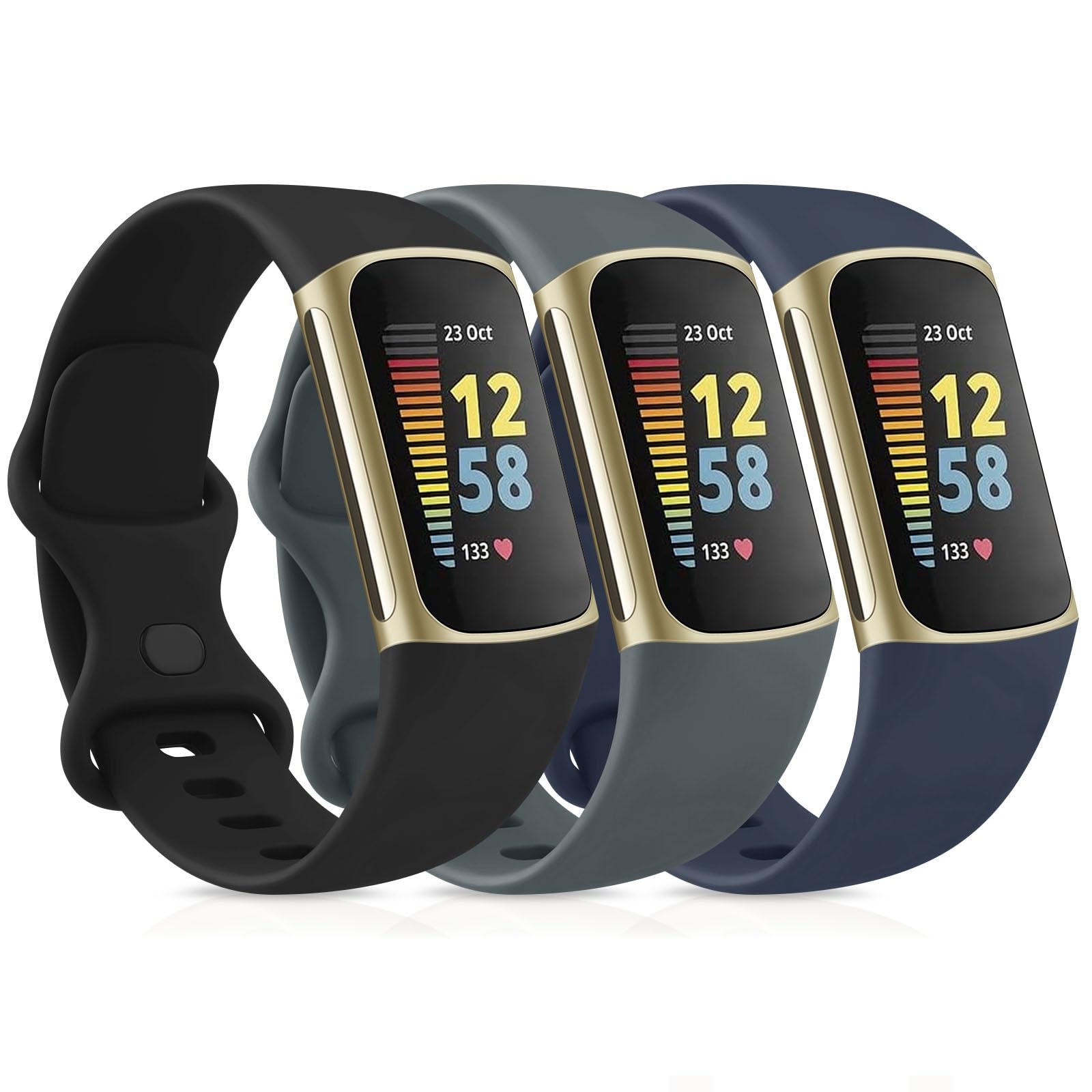 Pack 3 Straps Compatible with Fitbit Charge 5 Strap for Women Men,Soft Adjustable Sport Replacement Wristband Only for Fitbit Charge 5 Straps(Small: for 5.7"-7.3" Wrists, Black/Slate/Blue) — image 1