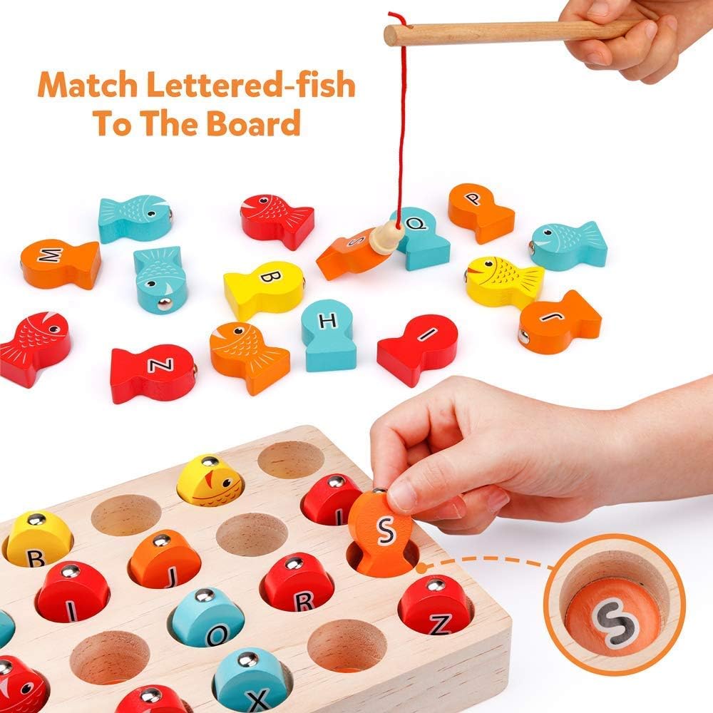 Coogam Wooden Magnetic Fishing Game, Fine Motor Skill Toy ABC Alphabet Color Sorting Puzzle, Montessori Letters Cognition Preschool Gift for Years Old Toddler Kid Early Learning with 2 Pole: Furniture & Decor