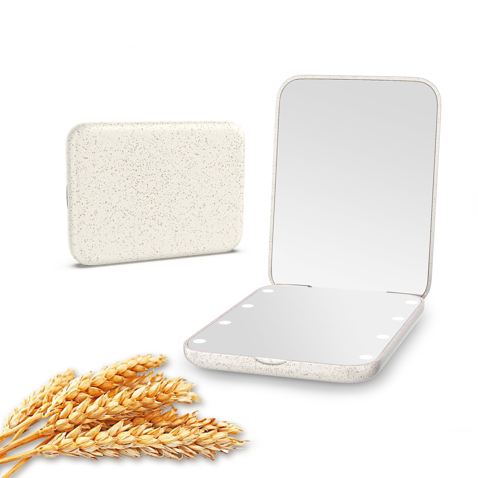 Kintion Wheat Straw Mirror, 1X/3X Magnification Pocket Mirror, Plastic Fiber, Handheld Folding Purse Mirrors, Small Lighted Compact Mirror for Gift, White — image 1