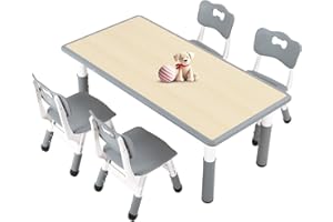 FUNLIO Kids Table and 4 Chairs Set for Ages 3-8, Height Adjustable Toddler Table and Chair Set, Easy to Wipe Arts & Crafts Table, for Classrooms/Daycares/Homes, CPC & CE Approved (5-Piece Set) - Gray