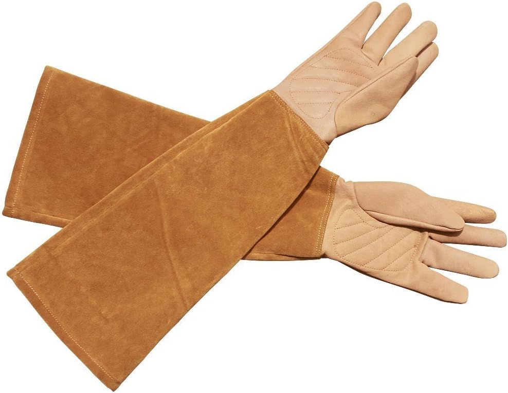 Leather Rose Pruning Gardening Gloves Puncture Resistant Work Gloves Rose Gloves Best for Gardener Orchardist Farmer Owner Men Women HCT05-US (S, Khaki)