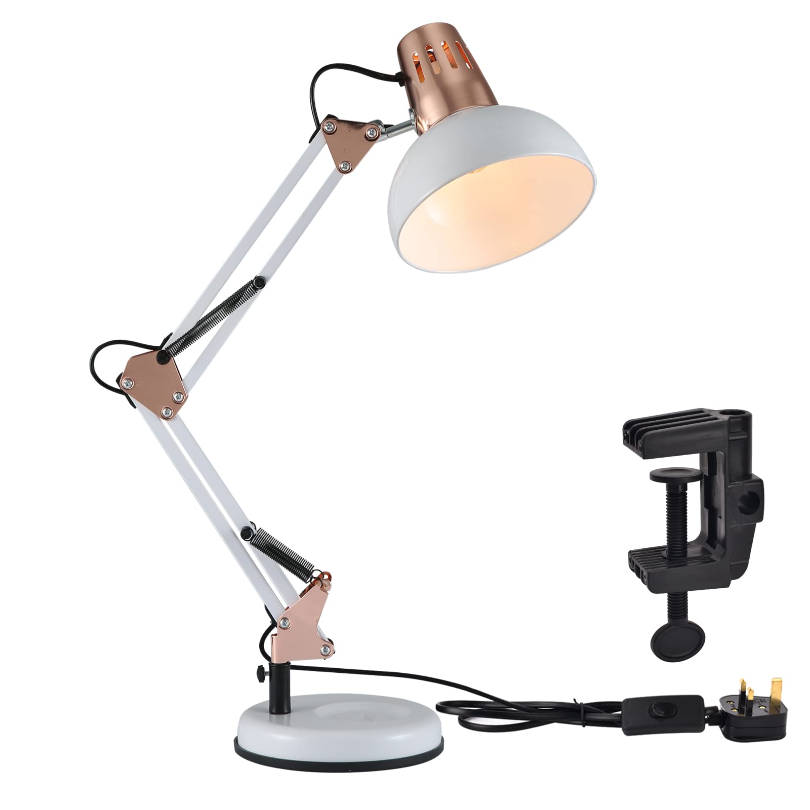 TEKLED® LED Desk Lamp | Adjustable Swing Arm | Replaceable E27 Edison Screw Bulb Holder | Flexible Table Clamp | for Bedside Reading Office Work Students (Swing Arm Gold White)