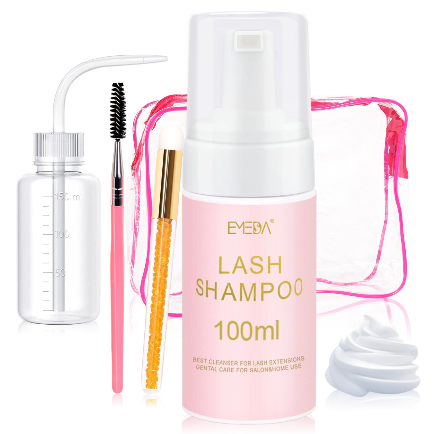 EMEDA 100Ml Lash Shampoo for Lash Extensions 3.38 fl.oz Eyelash Extension Cleanser Oil Free Foam Lash Bath for Eyelash Extensions Wash Lash Cleaning Kit with Rinse Bottle and Brush Home Salon Use
