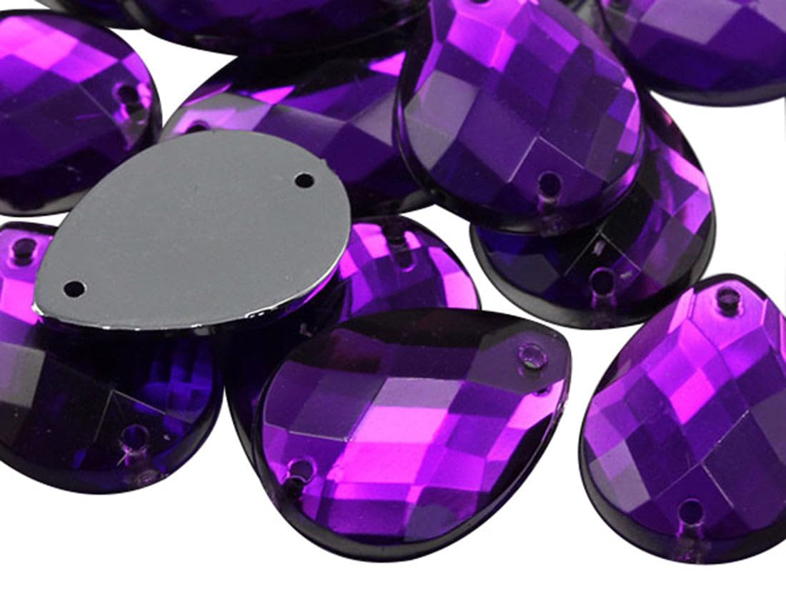 Allstarco 18x13mm Purple Amethyst CH05 Teardrop Flat Back Sew On Beads for Crafts Plastic Acrylic Rhinestones with Holes for Sewing, Clothing Embelishments, Costume Cosplays - 50 Pieces