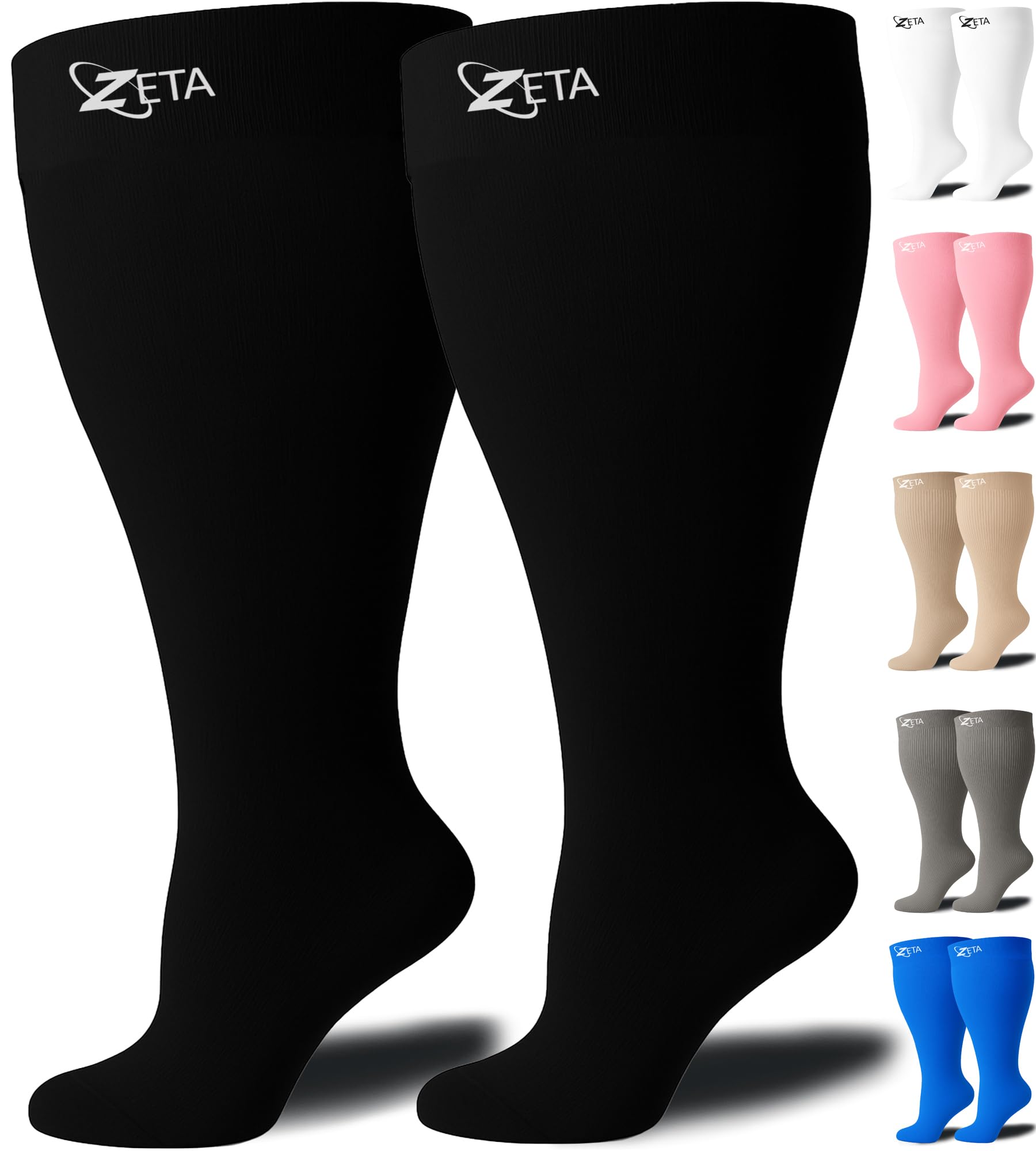 Zeta Wear Plus Size Support Socks - Wide Calf Graduated Compression, Great for Travel & Flights, Men & Women Love Its Amazing Fit, Cotton-Rich Comfort & Soothing Relief, 1 Pair, 3XL, Black