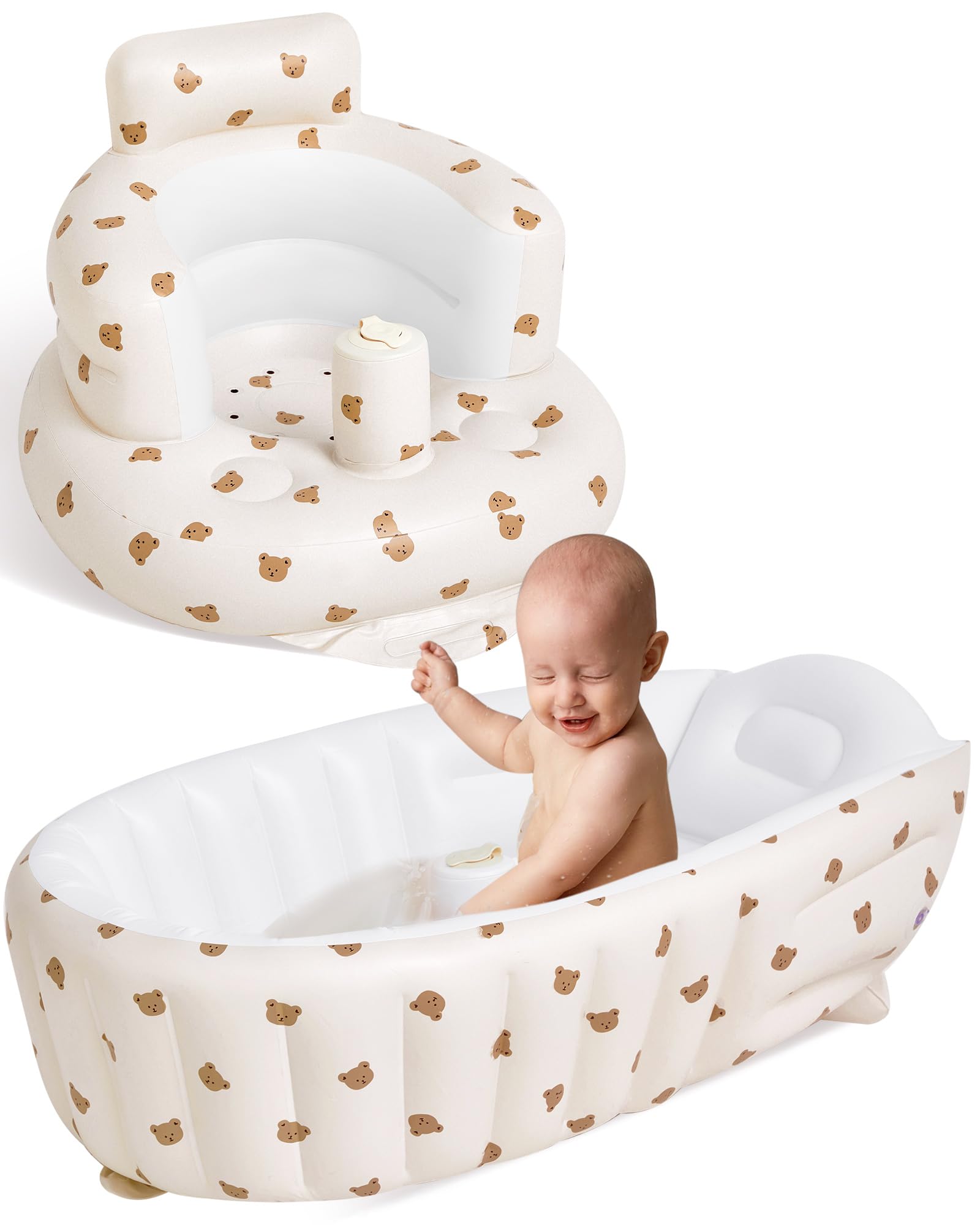 Photo 1 of 2 Pack Baby Inflatable Seat and Inflatable Baby Bathtub for Babies 3-36 Months with Built in Air Pump Infant Back Support Sofa Newborn to Toddler Bath Tub Portable Travel Shower Basin (Lovely Bear)