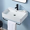Wall Mounted Sink White with Towel Rack, 24"x16" Vessel Sink Rectangle, Wall Mount Floating Bathroom Sink Wall Hung Porcelain Ceramic Modern Sink With Single Faucet Hole and Overflow