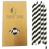 Black and White Drinking Straws Paper, Biodegradable Black Striped Paper Straws For Juice, Ice Coffee, Smoothie (100 Count).