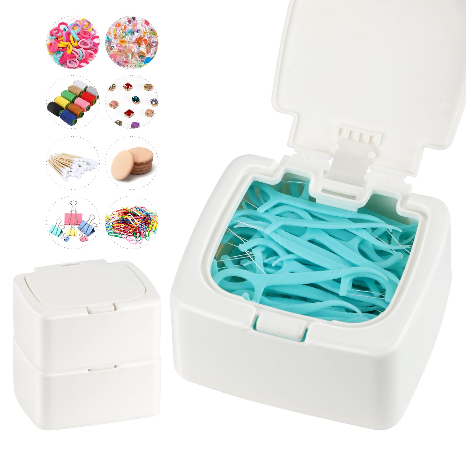Photo 1 of JGB Floss Pick Dispenser,2Packs Refillable Press Flip Floss Sticks Holder,Reusable Floss Pick Case For Cotton Swabs,Balls,Pads,Qtip - Square Storage Box For Home,Hotel,Office Organizers - White