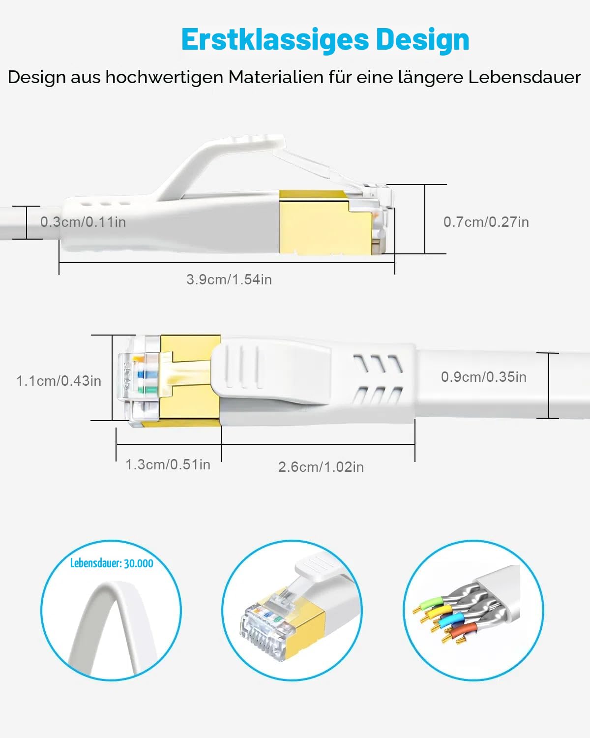 DDMALL CAT 8 LAN Kabel 10m, Hochgeschwindigkeit 40Gbps 2000MHz CAT8 Flaches Patchkabel, Gigabit Internet Netzwerkkabel mit Vergoldetem RJ45 Stecker für Gaming, Modem, Router, PC (10 Meter/Weiß) 6