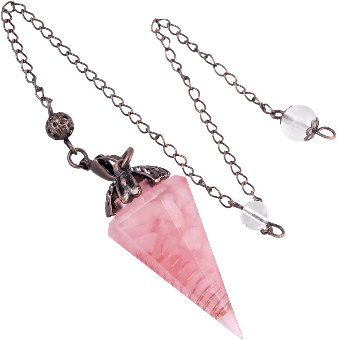 Nupuyai Rose Quartz Vintage Crystal Point Dowsing Pendulum for Divination Scrying Healing Faceted Hexagonal Resin Chip Stone Pendulum with Chain