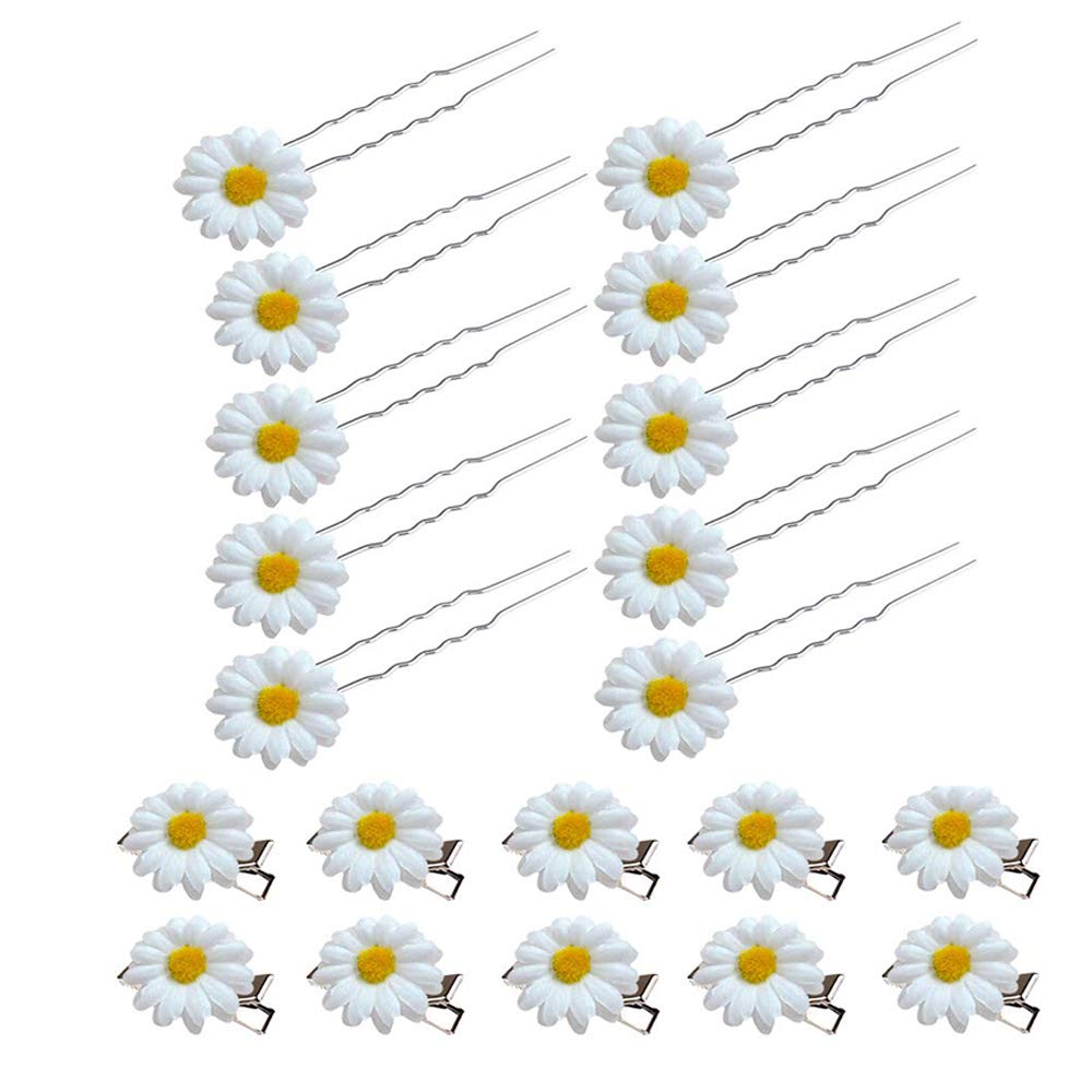 Amasawa 20 Pieces Wedding White Daisy Flower Hair Pins, Hair Clips, Ponytail Hair Clip for Female, Girl, Bride, Bridesmaid