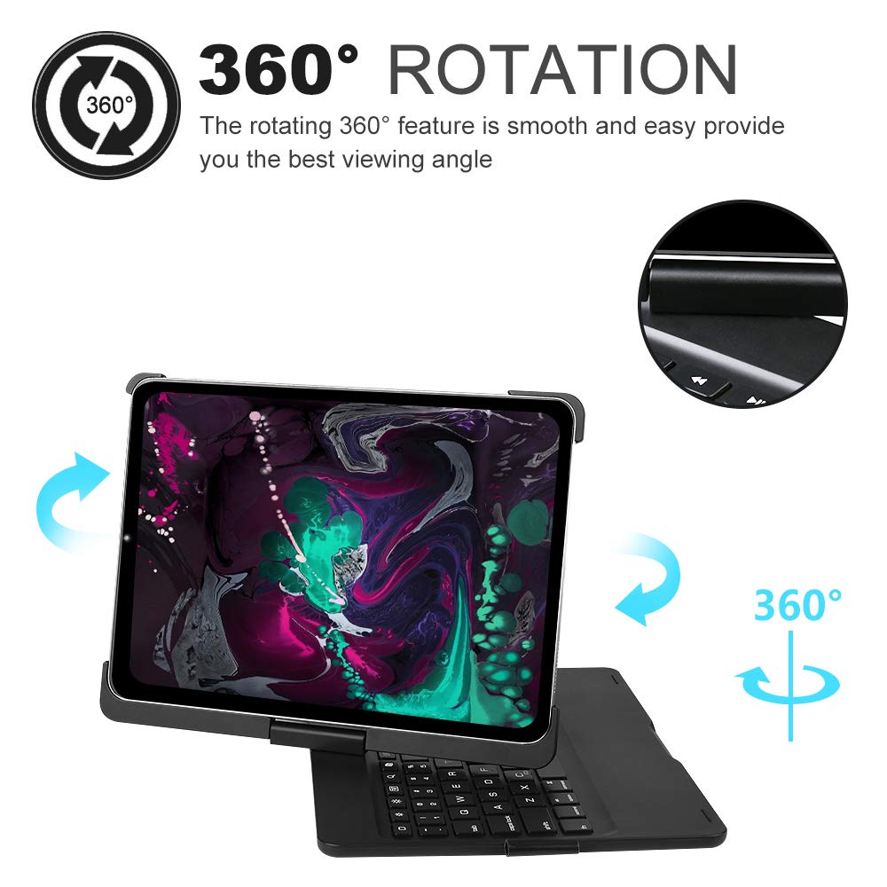 Keyboard Case for iPad Pro 11 inch, 7 Colors Backlit Wireless Keyboard Case, Folio Smart 360 Rotate Stand Cover, iPad Pro 11 Keyboard Case,Black