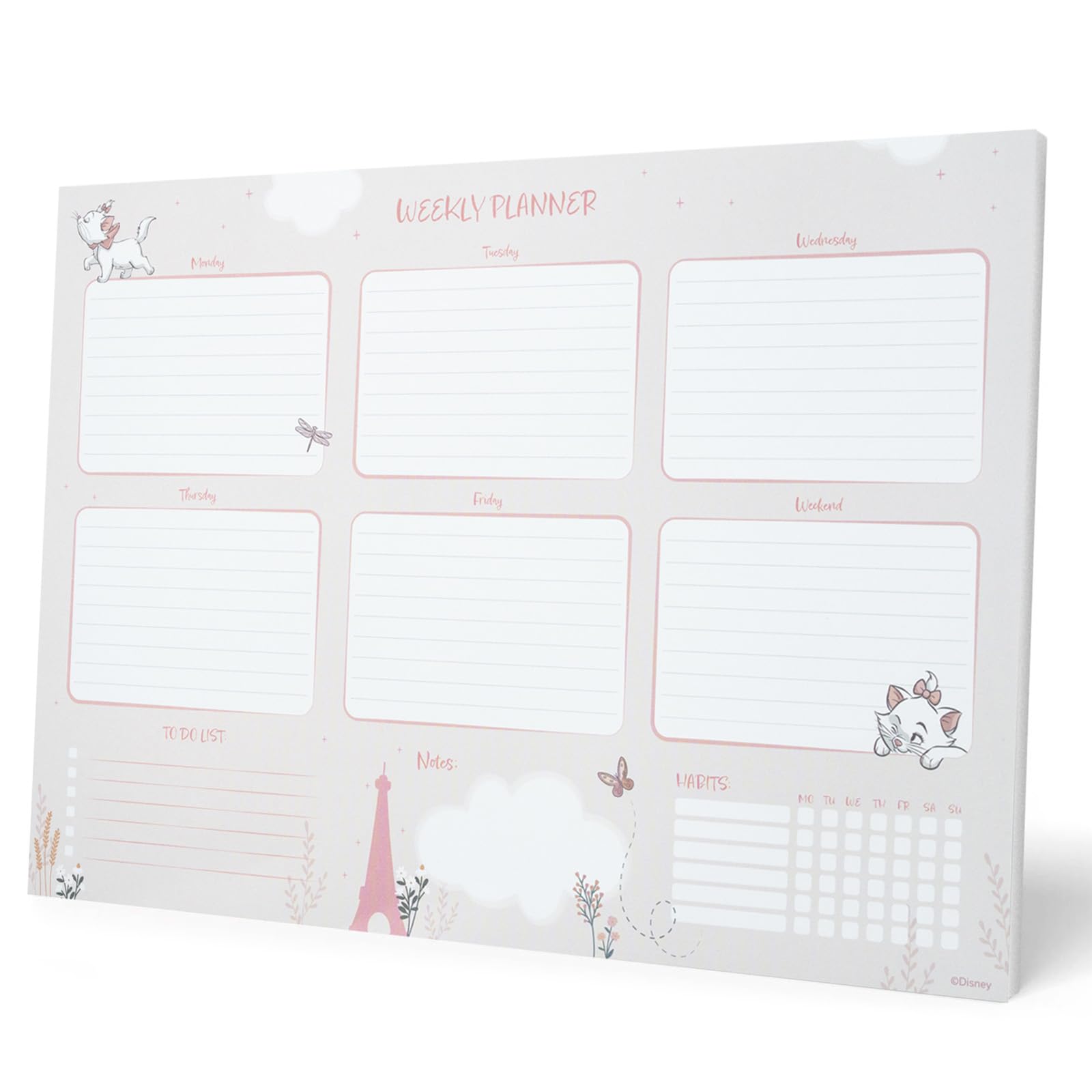 Grupo Erik Weekly Planner A4 - The Aristocats Disney Gifts Under 10 Pounds | Undated Daily Planner Family, Desk Calendar, 54 Tear Off Pages Notepad | Marie Aristocats Cat Stationery, Disney Stationery