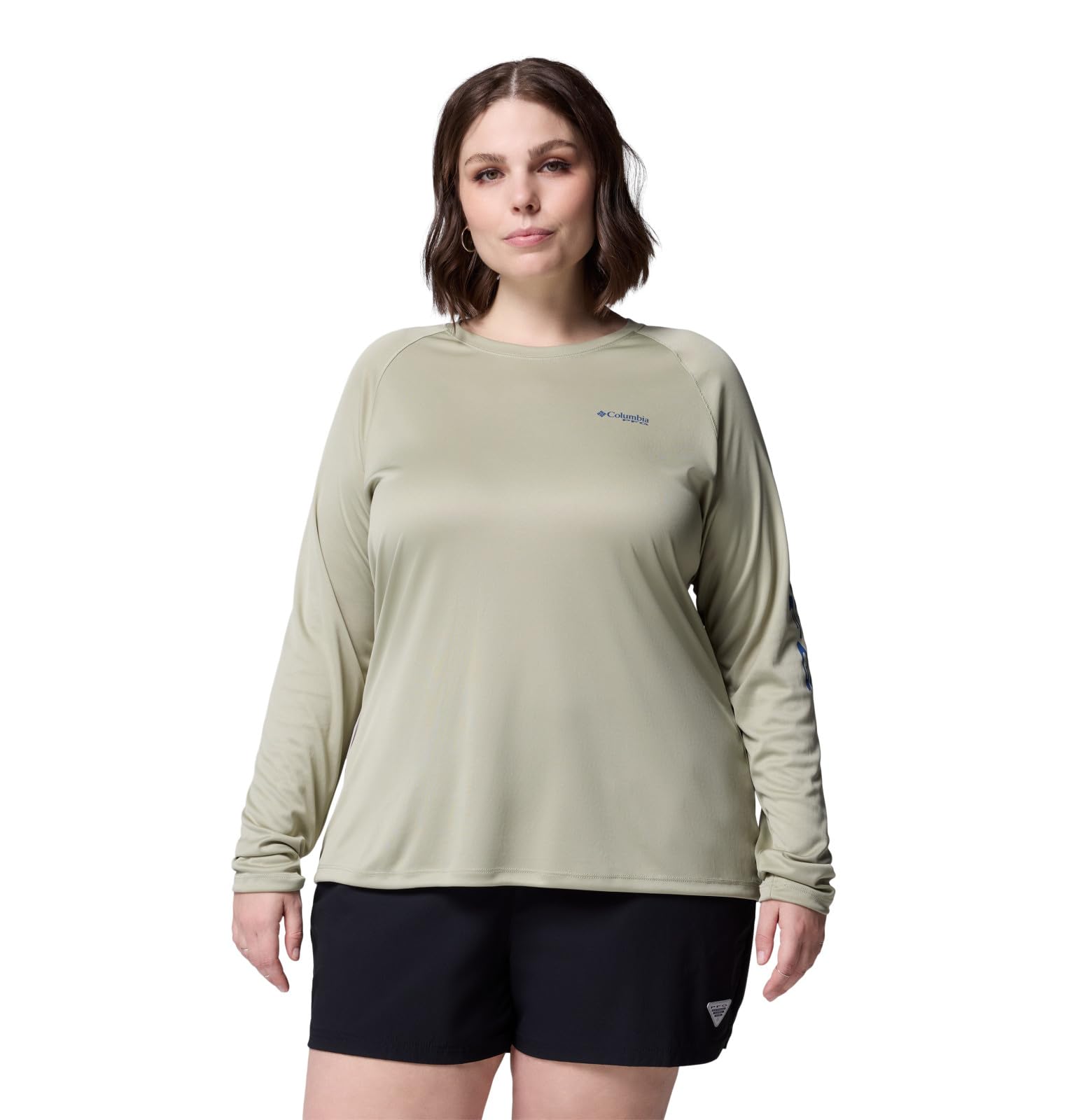 Columbia Womens PFG Tidal Tee II Long Sleeve Sun Protection Shirt, Smokey Sage/Carbon Logo, Large Image