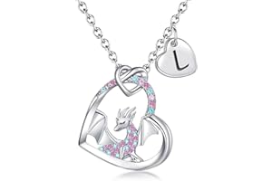 BAOWING Dragon Necklace Gifts for Kids Girls Rainbow Dinosaur Animal Pendant Colorful CZ Heart Letter Initial Jewelry Gifts for Daughter Granddaughter Niece Little Teen Girl