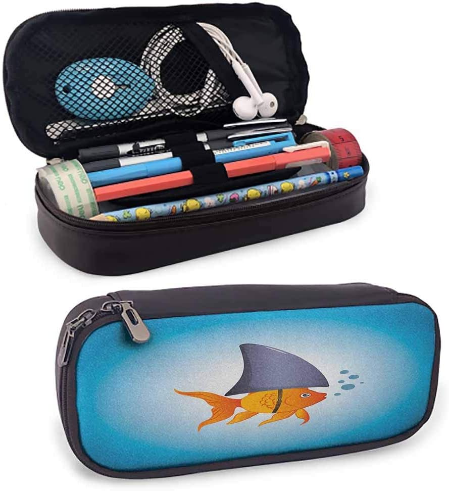 Shark Leather Pen Pencil Case Little Goldfish Wearing A Shark Fin to Scare Predators Success Concept for Marker Organization School Supplies Office Storage Desk Organizing8"x3.5'x1.5'
