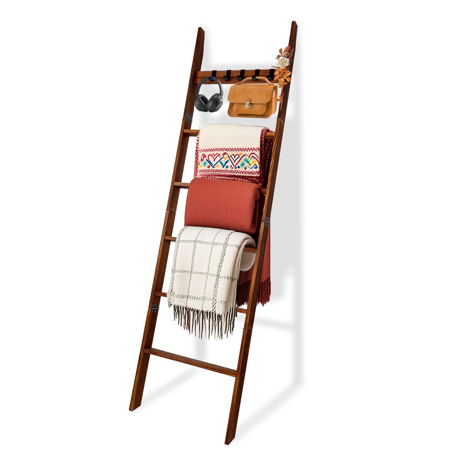Photo 1 of Wooden Blanket Ladder with Removable Hooks, 6-Tier 5.66 Ft (68 Inch) Rustic Blanket Rack, Blanket Ladders for Living Room & Bedroom, Easy Assembly, Perfect for Displaying Blankets & Scarves, Brown