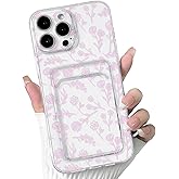 NITITOP Compatible with iPhone 16 Pro Case Clear with Card Holder Cute Flower Floral Leave Pattern for Women Girl Shock-Absorbing Soft TPU Wallet Case Protective Phone Cover - Light Pink