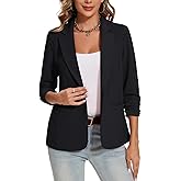 MINTLIMIT Blazer for Women Button Front Notched Lapel Lightweight 3/4 Ruched Sleeve Suit Jacket Blazer,Black,XL
