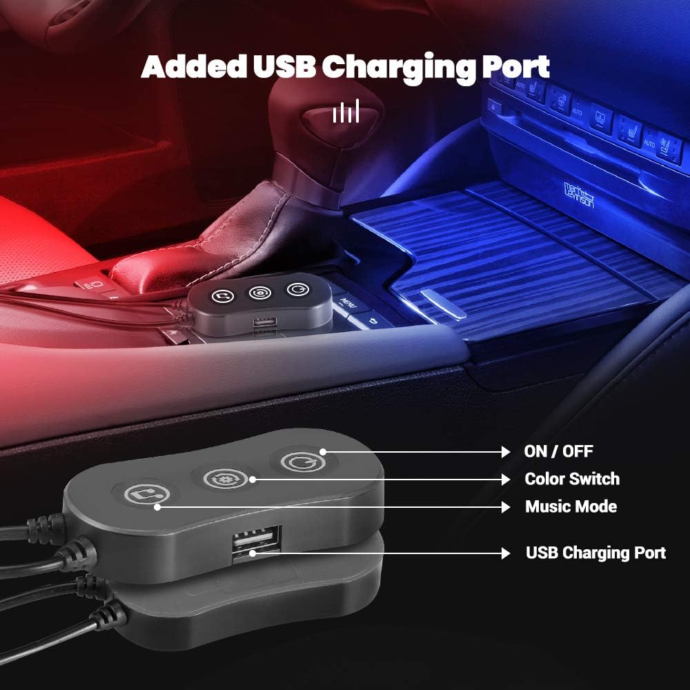 Tsumbay Interior Car Lights 4pcs 48 LED Car LED Strip Lights APP Controller IP67 Waterproof Lighting Kits with Sound Active Multi DIY Color Music with Car Charger, DC 12V - Decorations: Automotive