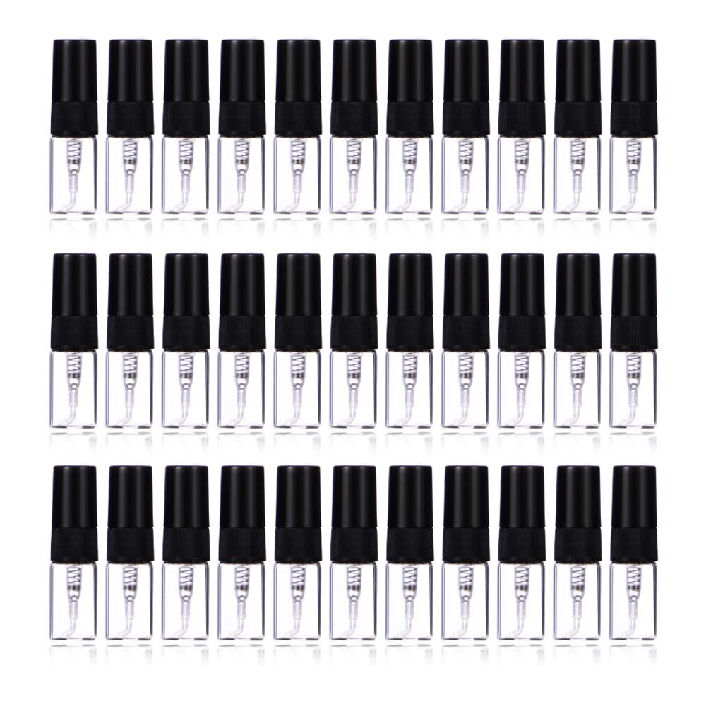 Enslz 2ml mini Perfume Mist Spray Bottles Refillable Mini Empty Travel Clear Refillable Atomizer Glass Bottles 30pcs (2ml, Black)